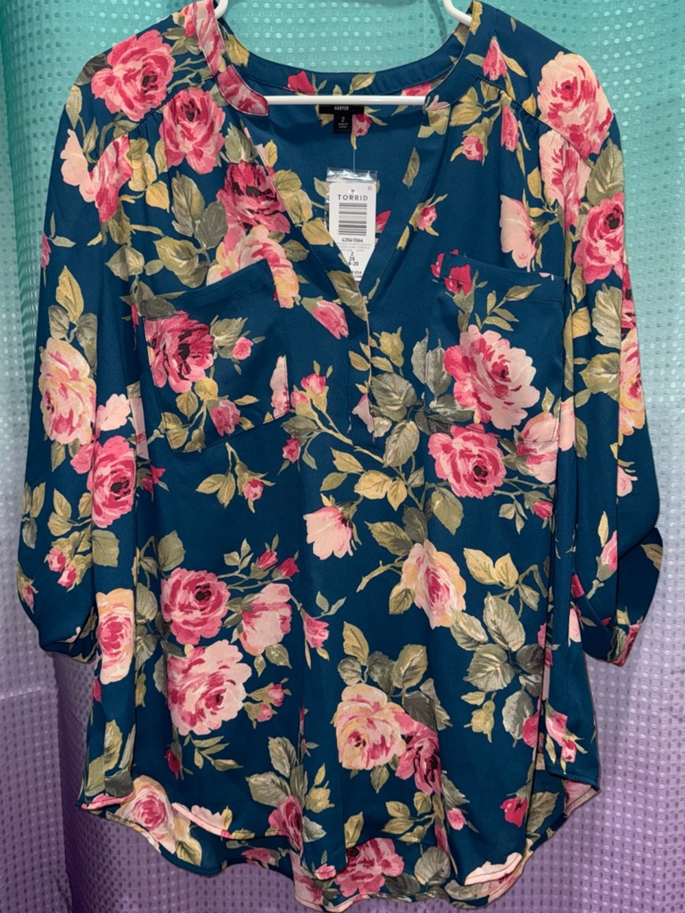 NWT Torrid 2X Navy Blue Pink Floral Harper Blouse Top